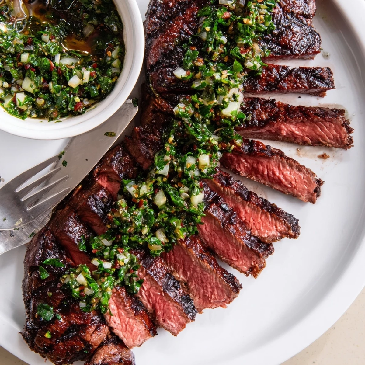 Sliced Chimichurri Steak Recipe on platter, garlicky sauce glistening, ready to serve