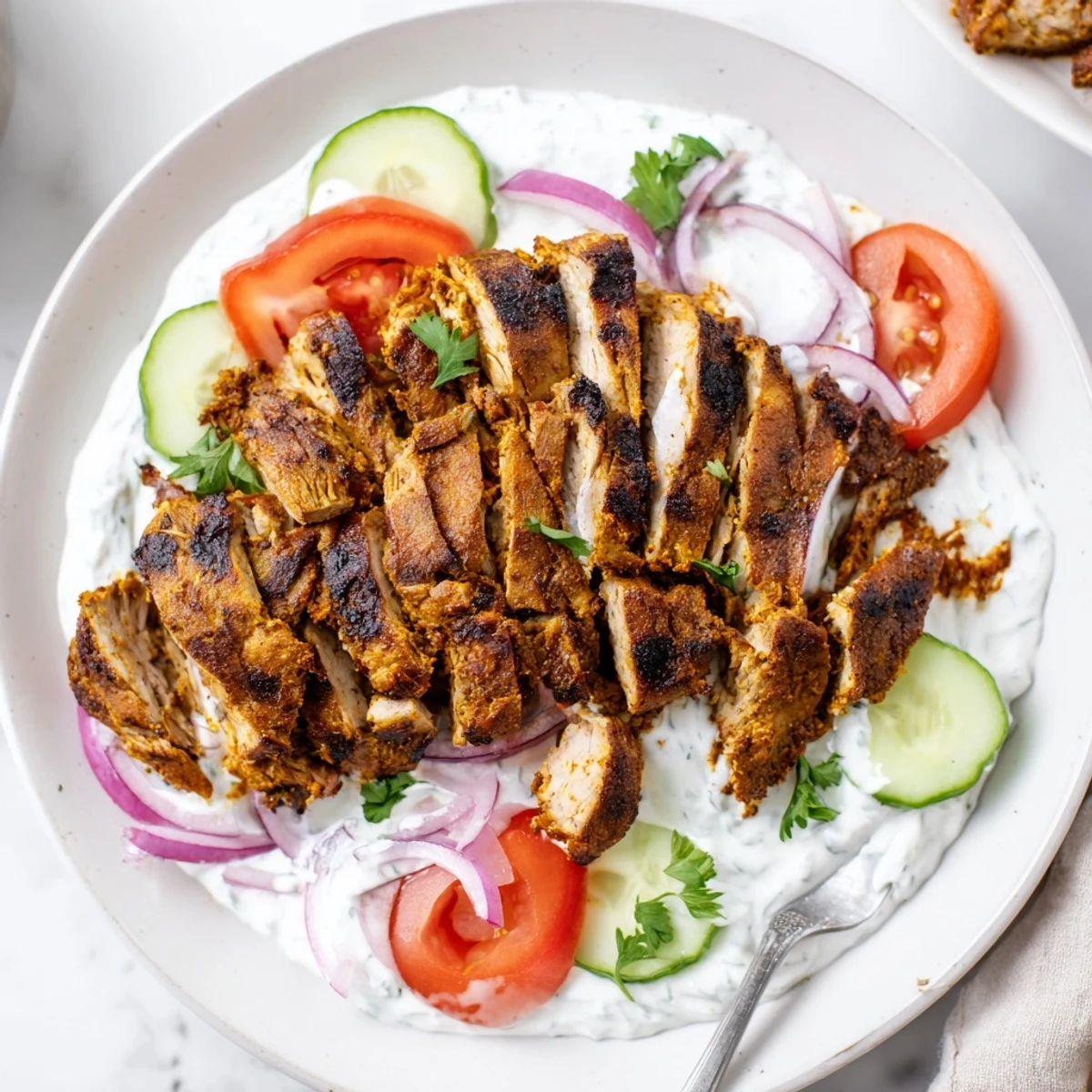 Shawarma Chicken With Garlic Sauce piled in warm pita, charred edges  