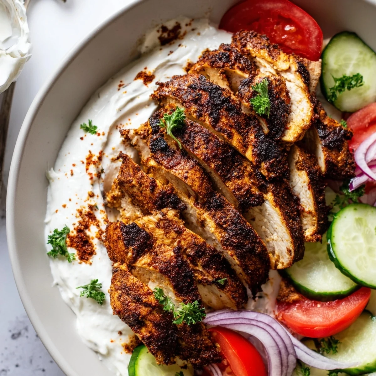 Grilled Shawarma Chicken With Garlic Sauce sliced, topped with bright parsley and tomatoes  