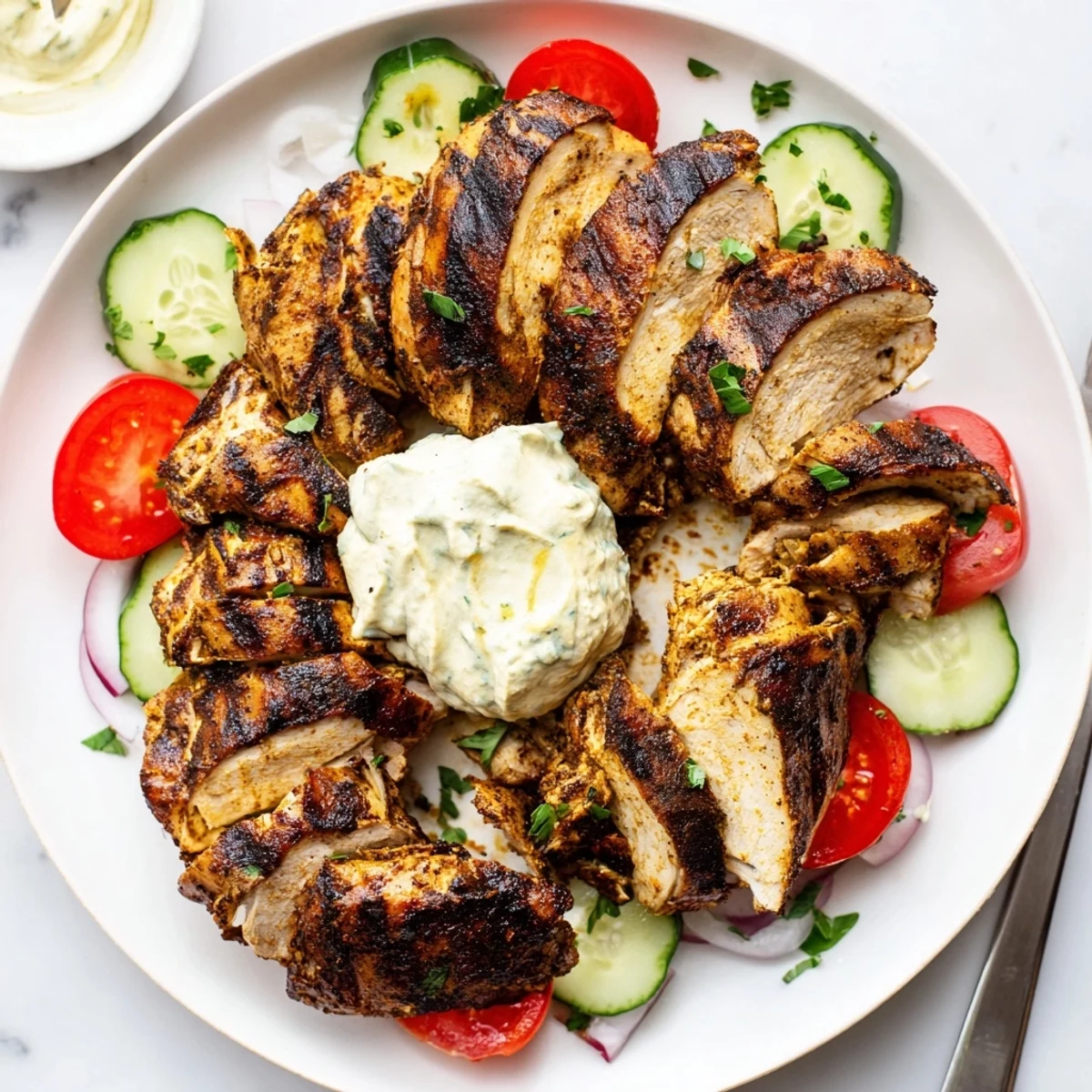 Shawarma Chicken With Garlic Sauce arranged on rice, creamy sauce glistening
