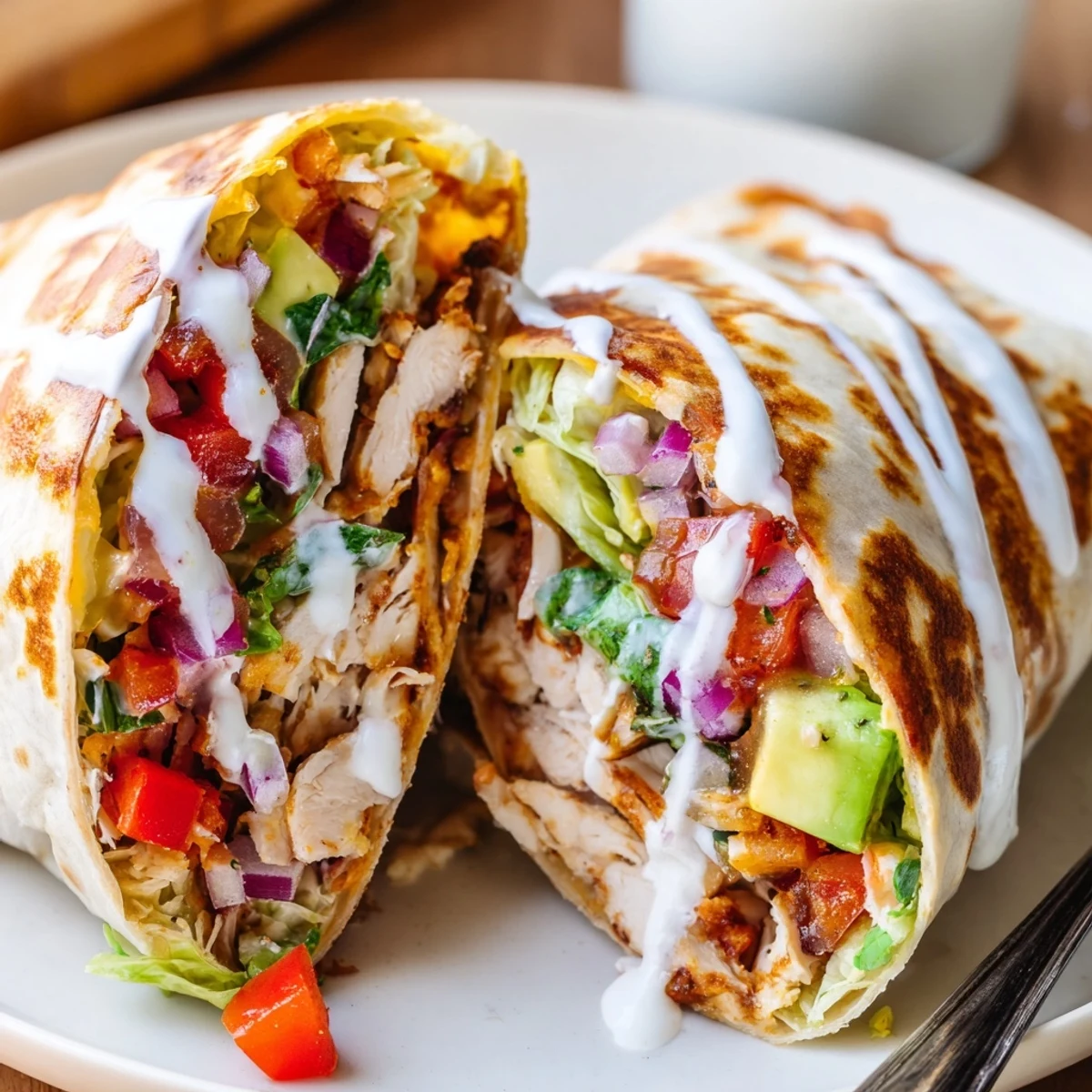 Golden grilled Chicken Avocado Ranch Burritos sliced, creamy avocado and melty cheese