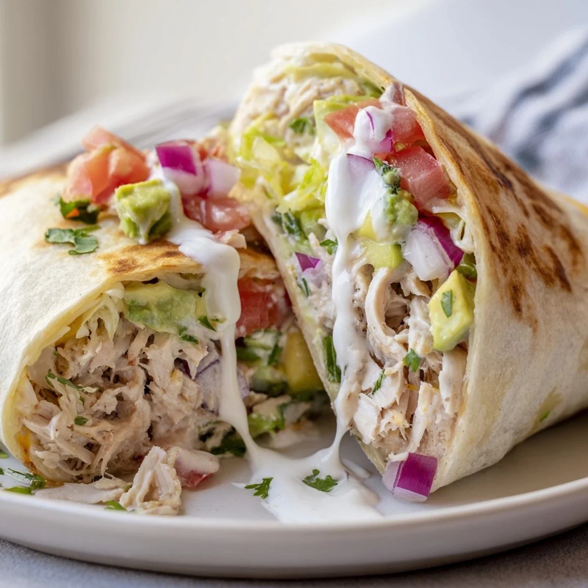Family-style Chicken Avocado Ranch Burritos halved, warm tortilla and zesty dressing