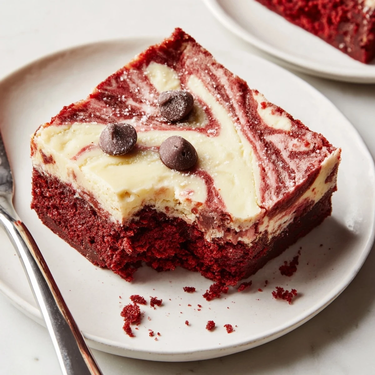Plate of chilled Red Velvet Brownies With Cheesecake Layer, marbled, creamy and dense.