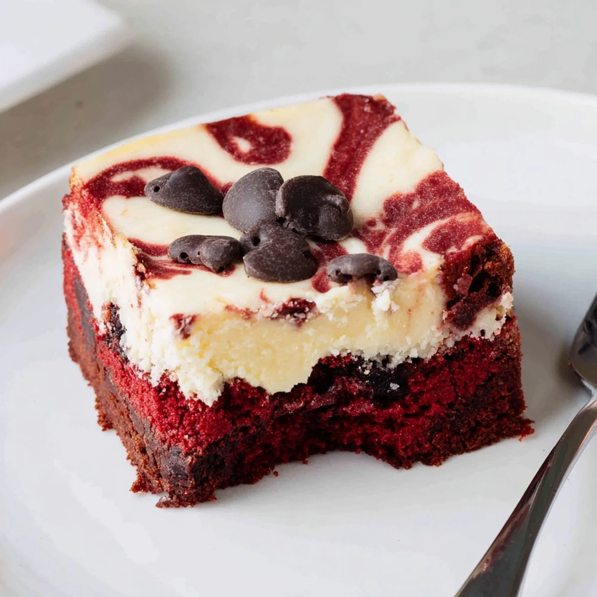 Close up swirled Red Velvet Brownies With Cheesecake Layer cooling on parchment.