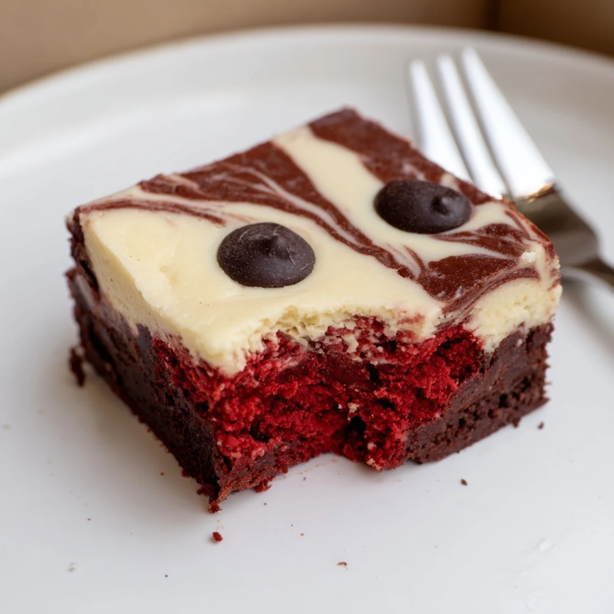 Freshly sliced Red Velvet Brownies With Cheesecake Layer served with berries and powdered sugar.