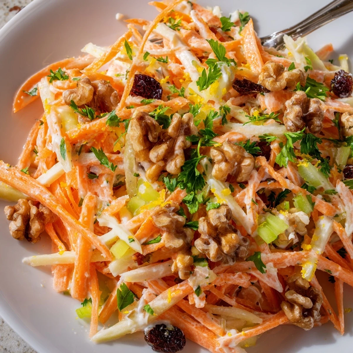Serve Crunchy Apple Carrot Salad With Creamy Citrus Dressing beside grilled fish.