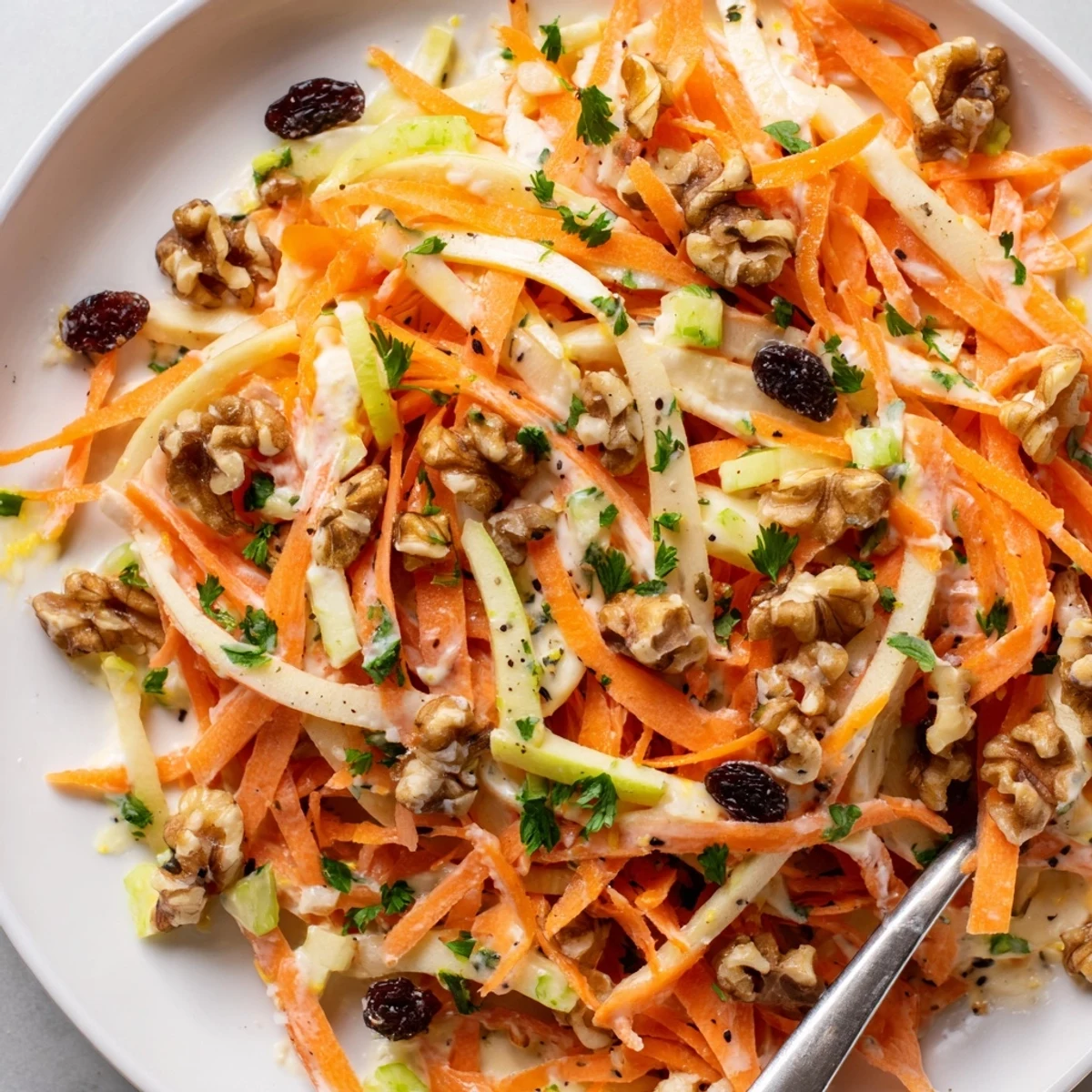 Lightly chilled Crunchy Apple Carrot Salad With Creamy Citrus Dressing, zesty orange notes.