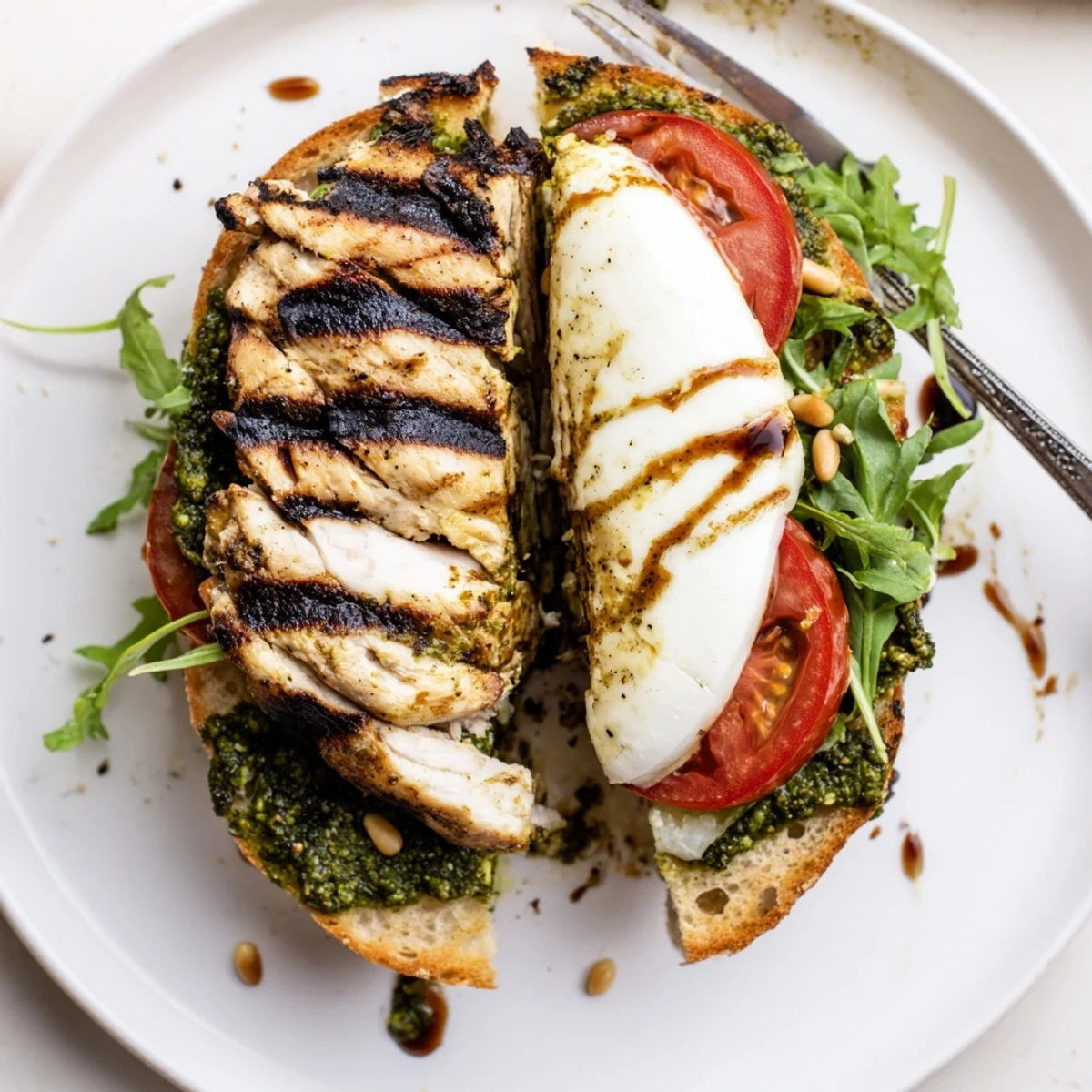 Warm Grilled Chicken Pesto Sandwich with melted mozzarella, tomato slices, arugula