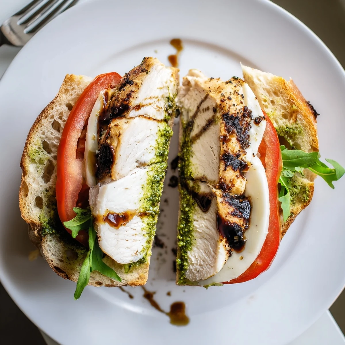 Open Grilled Chicken Pesto Sandwich on toasted ciabatta, basil aroma rising