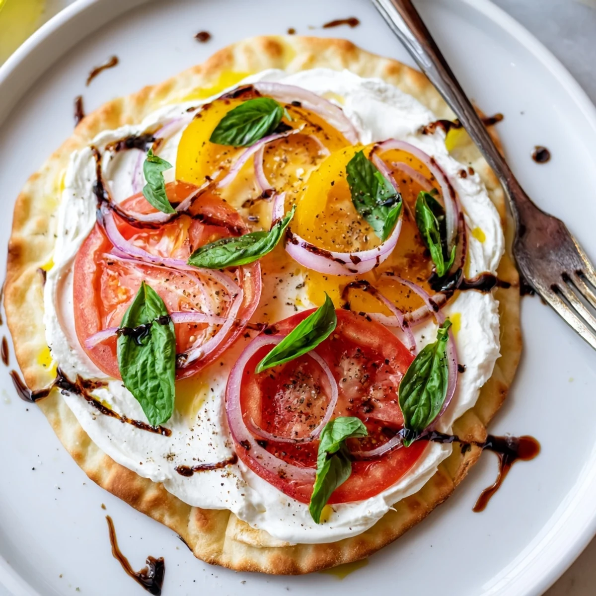Caprese Pita Pizza With Whipped Garlic Feta, bubbling mozzarella and fresh basil.