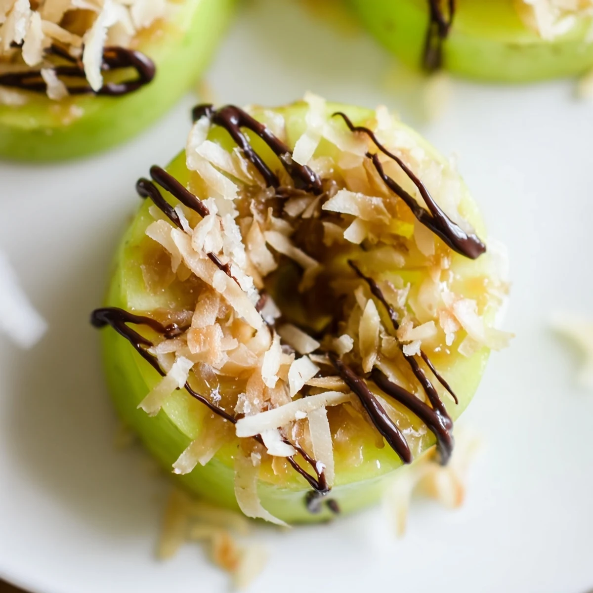 Samoa Apple Slices topped with gooey caramel, toasted coconut, and chocolate drizzle