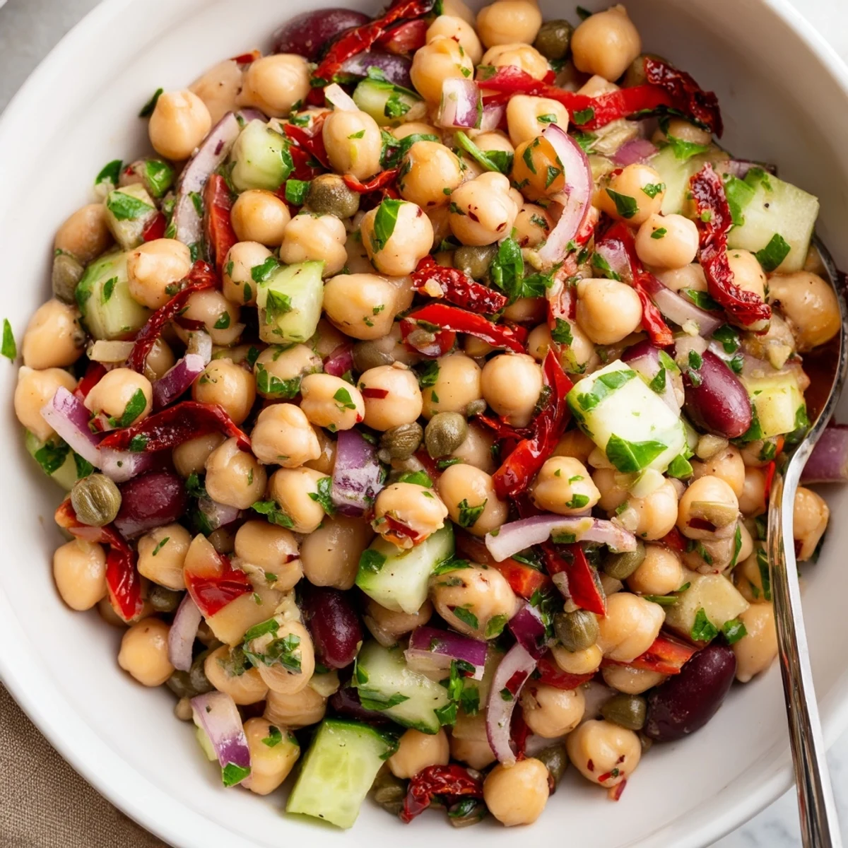Zesty Mediterranean Dense Bean Salad With Sun Dried Tomatoes, capers, parsley