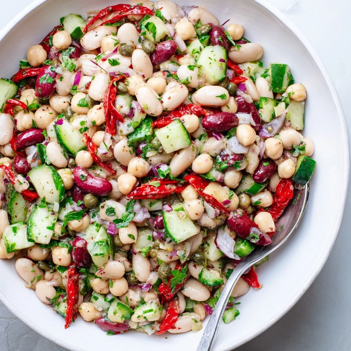 Dense Bean Salad With Sun Dried Tomatoes glistening in olive oil, tossed