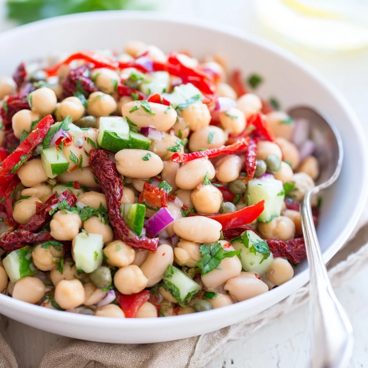 Crunchy vegetables brighten Dense Bean Salad With Sun Dried Tomatoes for picnics