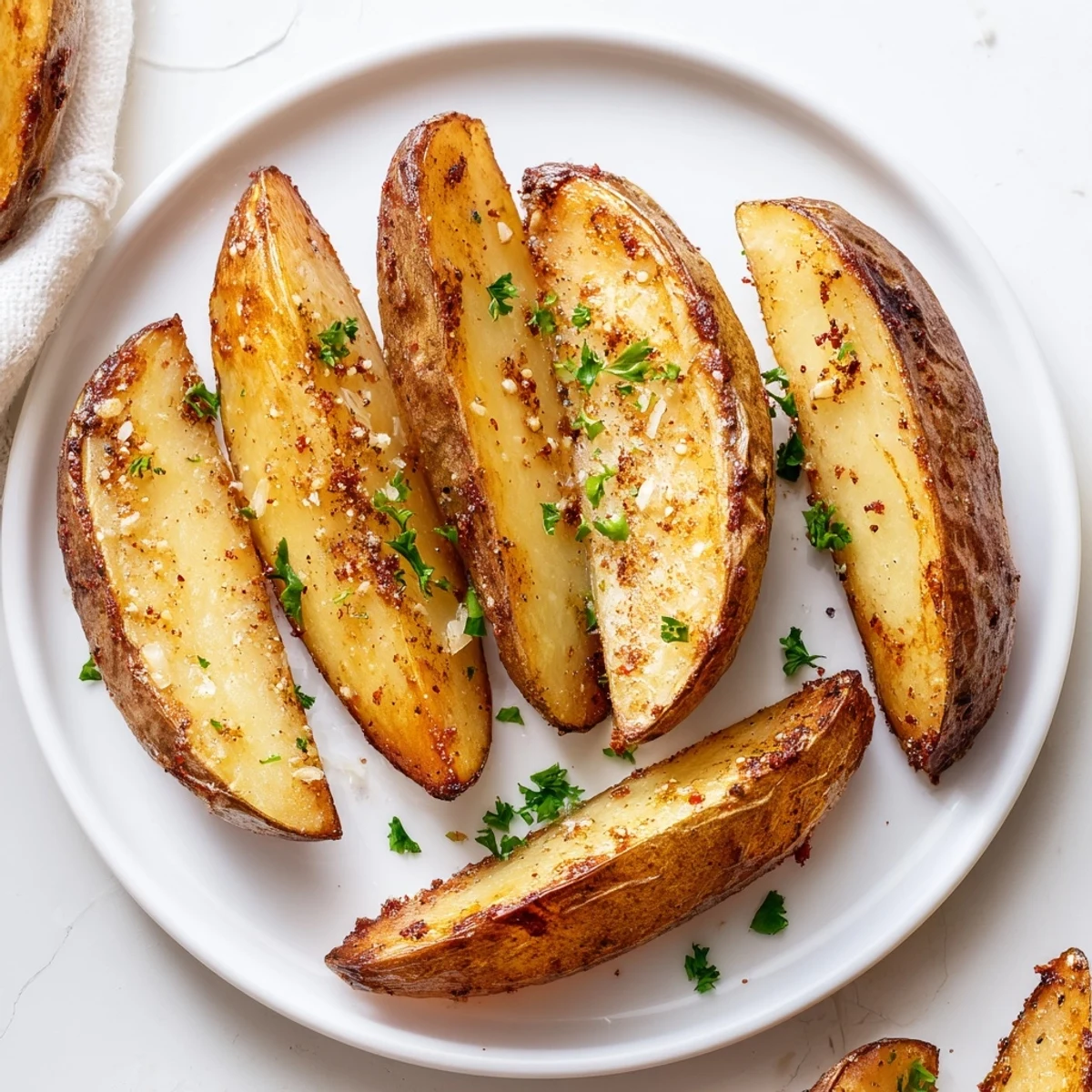 Seasoned Potato Wedges on parchment-lined baking sheet, sprinkled with fresh parsley