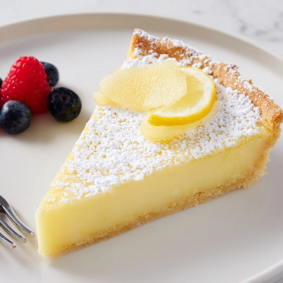 A chilled Creamy Lemon Tart Recipe served with fresh berries and bright zest