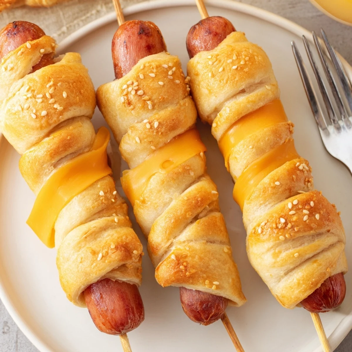 Golden baked Firecracker Hot Dogs on parchment, buttery aroma, sesame sprinkle  