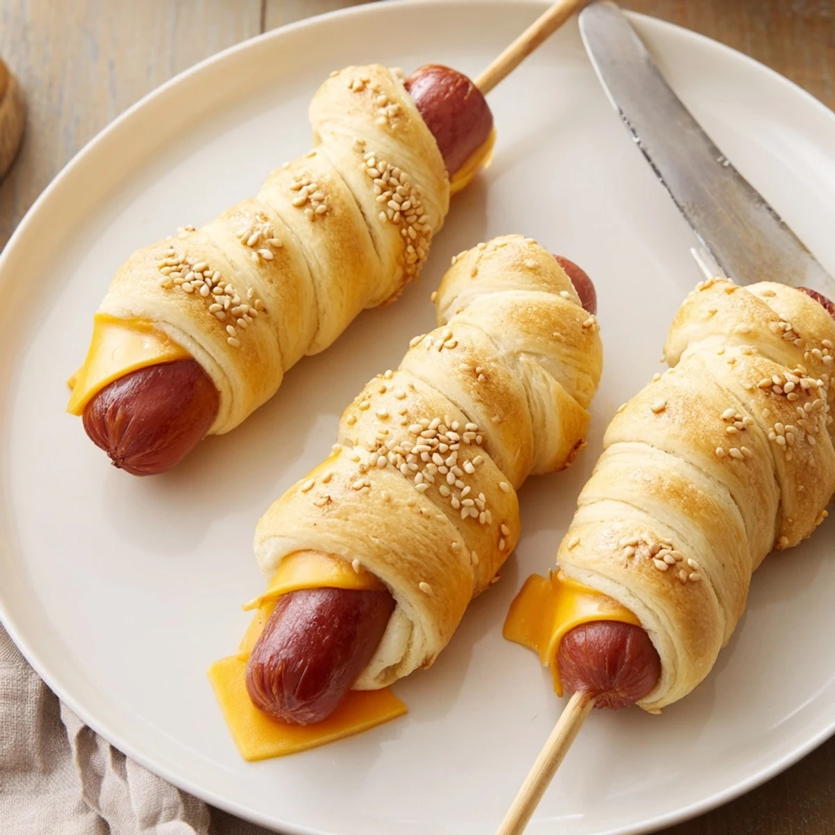 Party-ready Firecracker Hot Dogs skewered, gooey cheddar peek, served with ketchup  