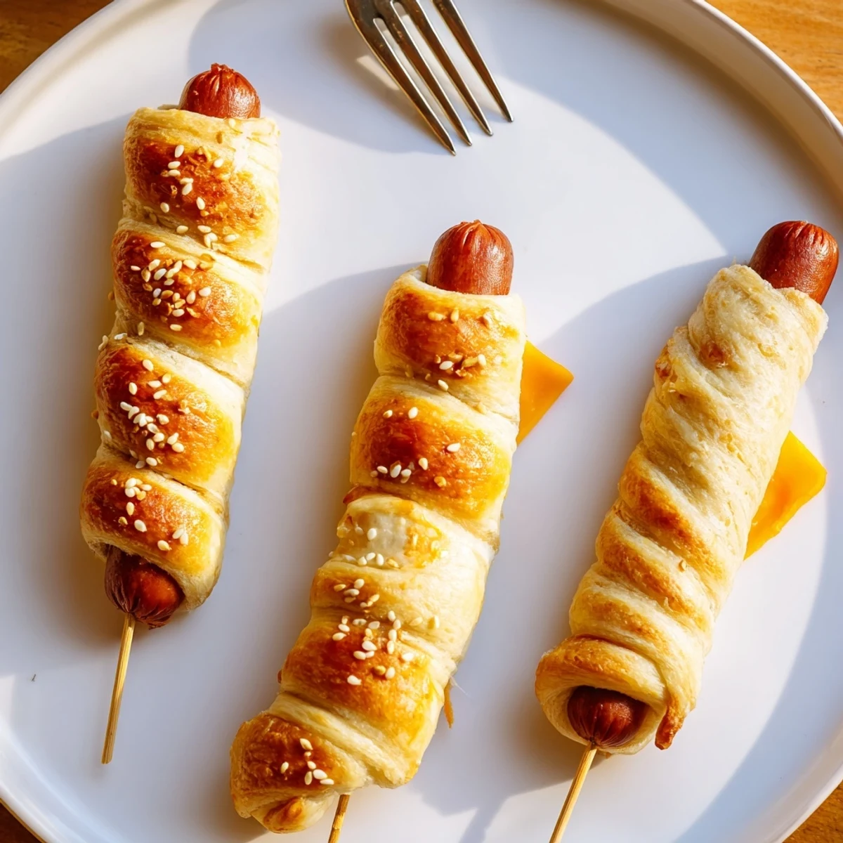 Crescent-wrapped Firecracker Hot Dogs baked golden, warm texture, perfect picnic snack