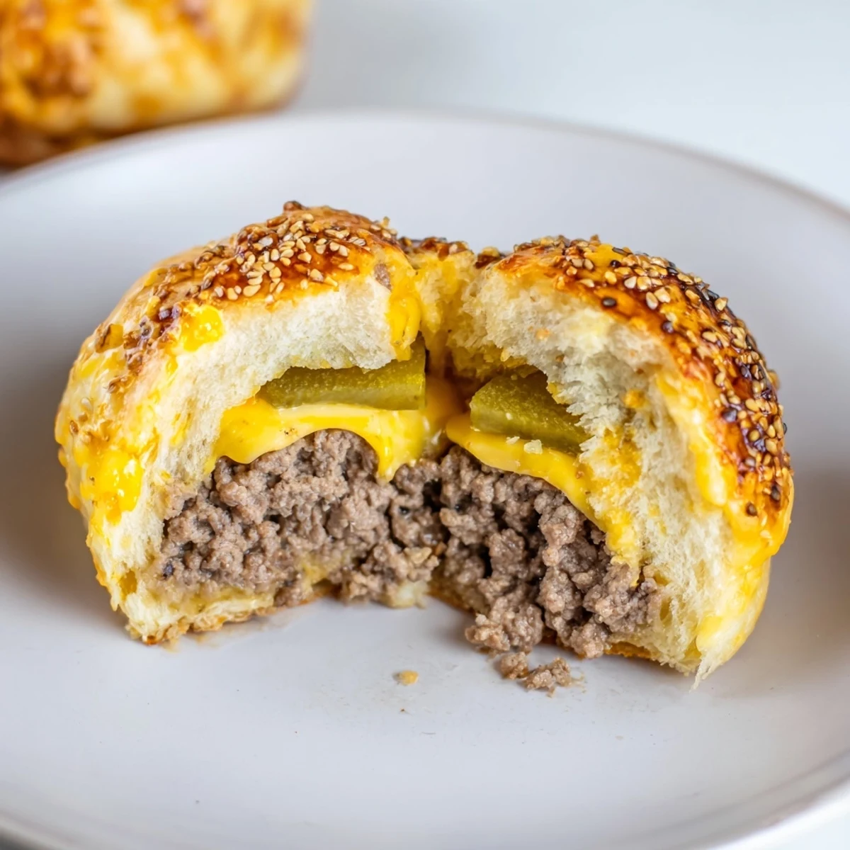 Handheld Cheesy Cheeseburger Bombs Explosion Recipe oozing melted cheese, ready with ketchup.