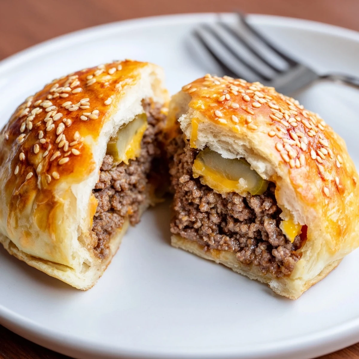 Golden, sesame sprinkled Cheesy Cheeseburger Bombs Explosion Recipe steaming on baking sheet.