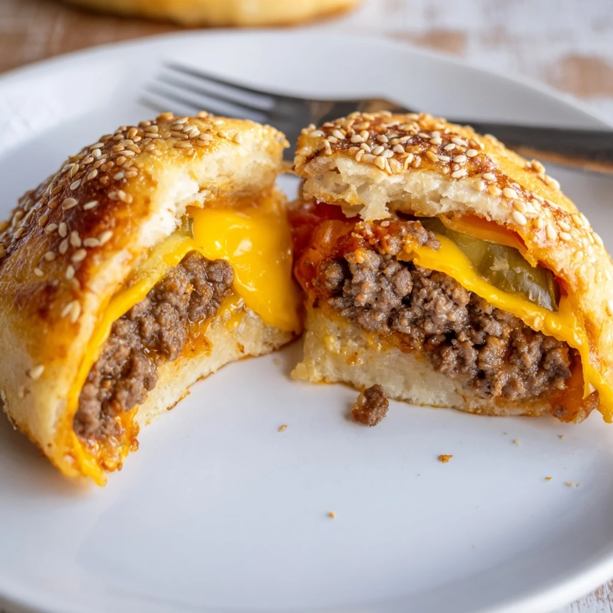 Close up of split Cheesy Cheeseburger Bombs Explosion Recipe showing gooey cheese pull.