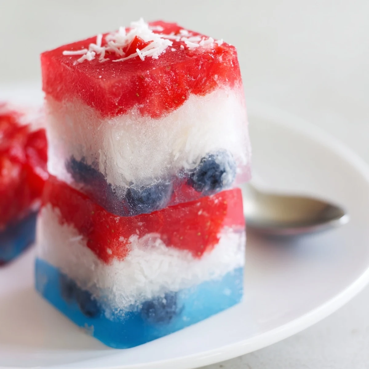 Homemade Red White And Blue Ice Cubes Recipe: close-up of glossy frozen fruit layers.