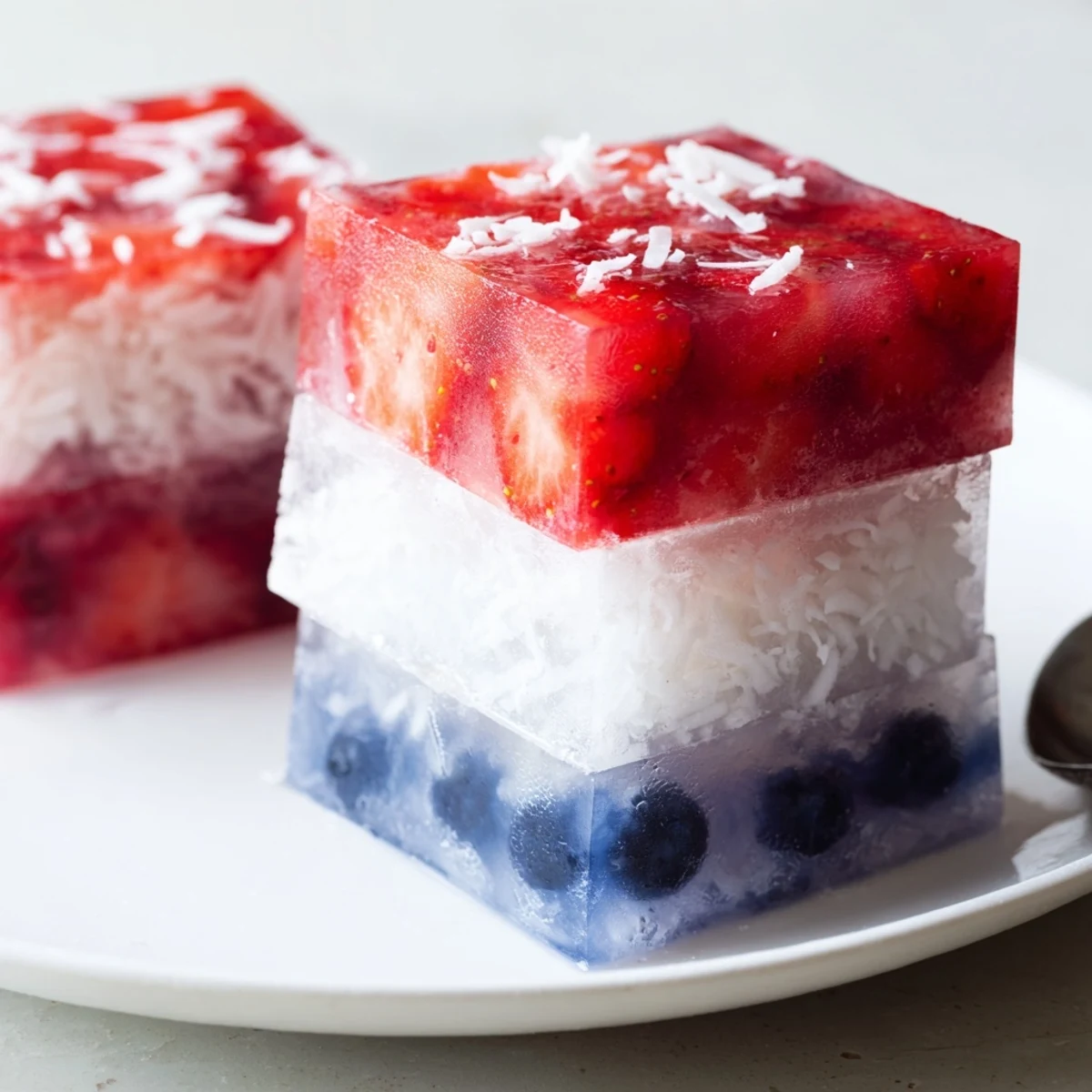 Red White And Blue Ice Cubes Recipe in tray, bright berries and creamy coconut.