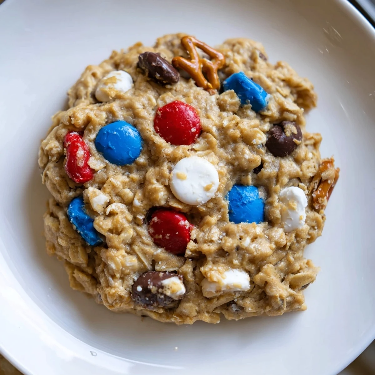 Warm Patriotic Monster Cookies Recipe cooling on rack, chewy oats and candy  