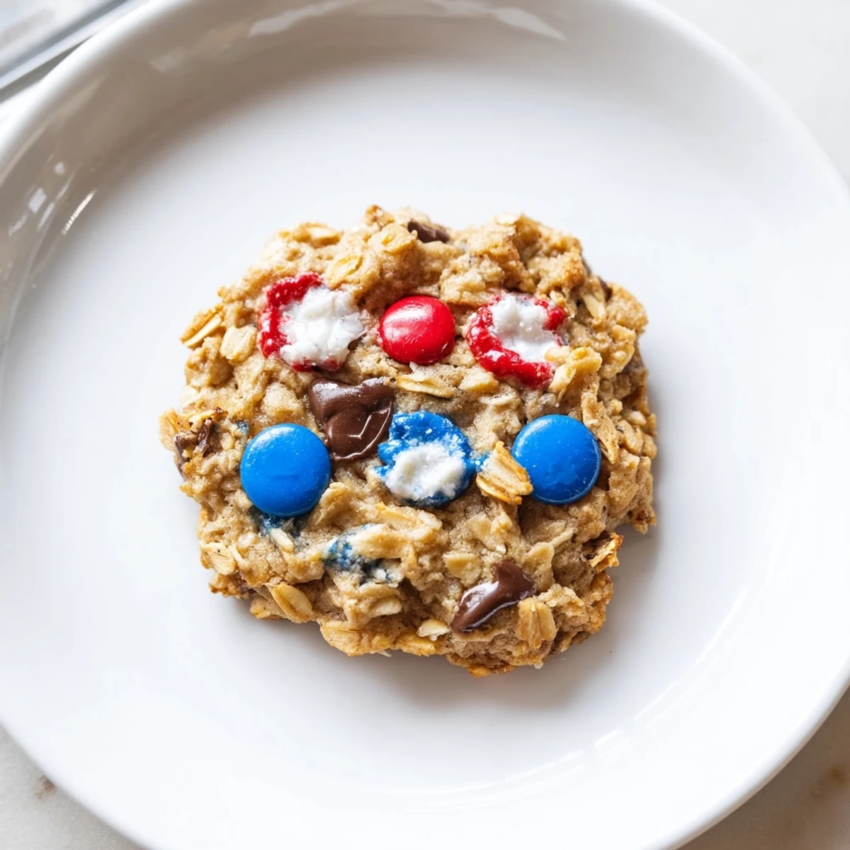 A plate of Patriotic Monster Cookies Recipe piled high, colorful chocolate crunch  