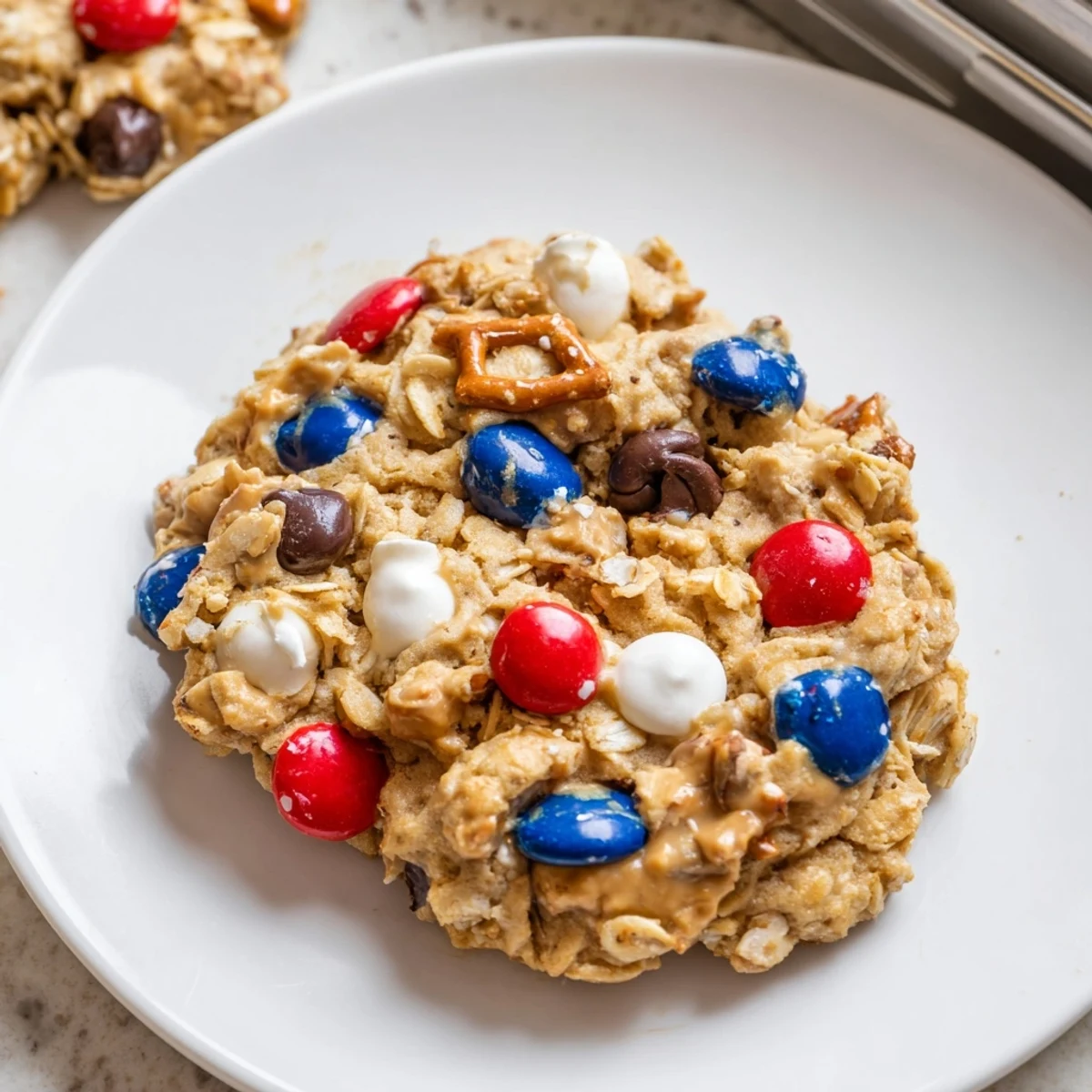 Close-up of Patriotic Monster Cookies Recipe showing melted chips, hint of peanut butter
