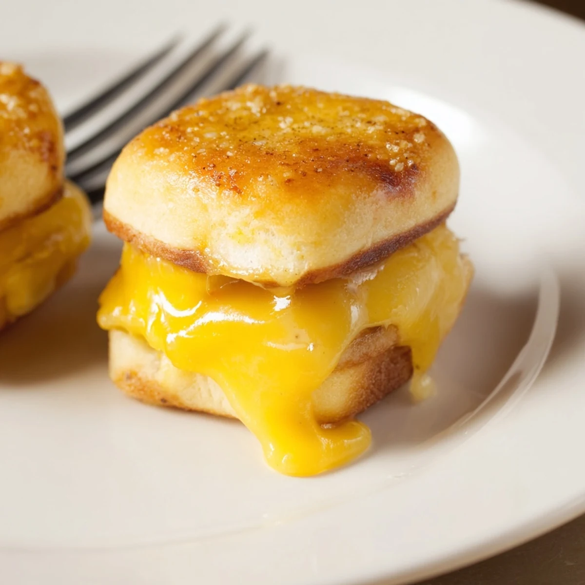 Stack of Mini Grilled Cheese Hawaiian Rolls cut, steam rising, paired with soup