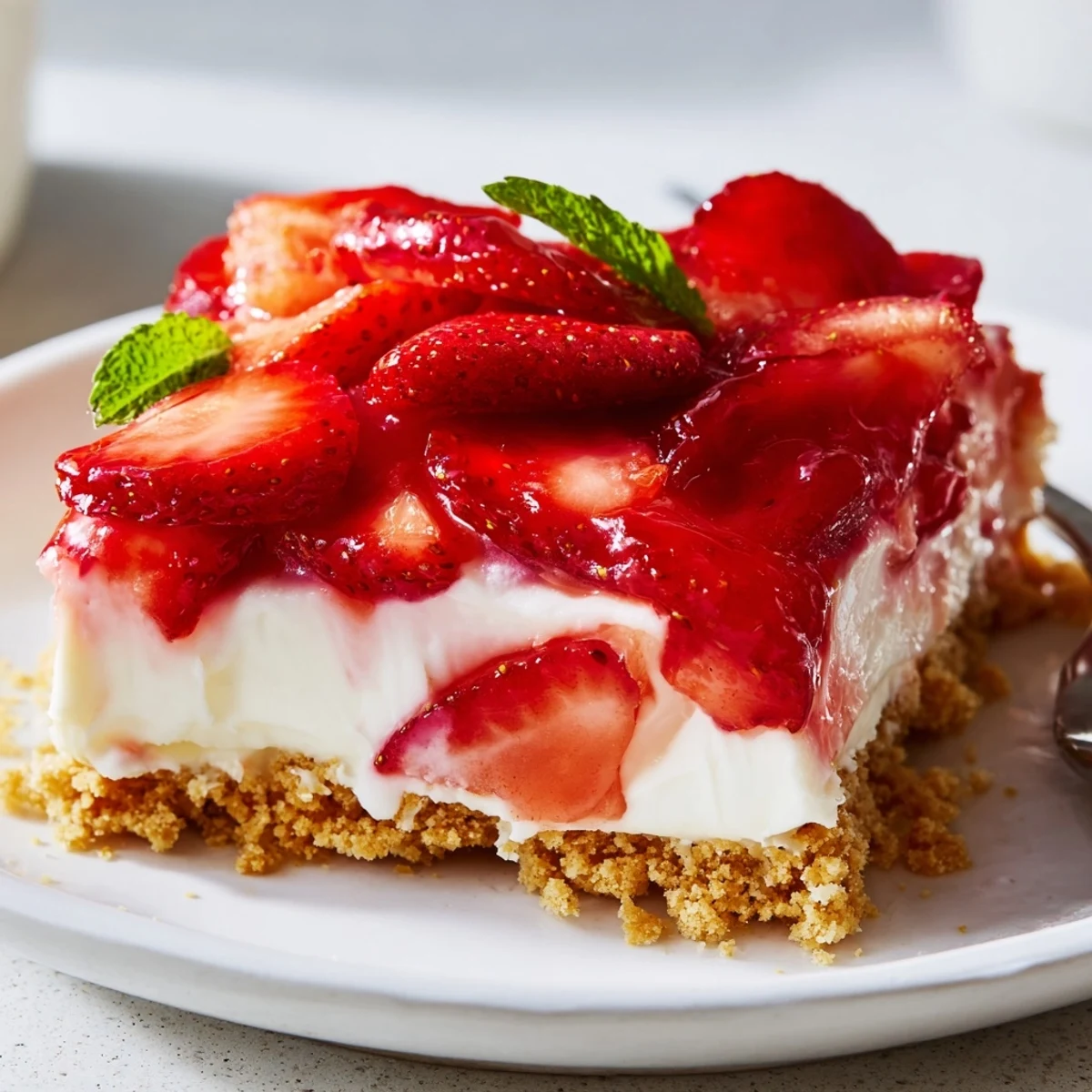 No Bake Strawberry Shortcake Dessert layered with creamy filling and juicy strawberries