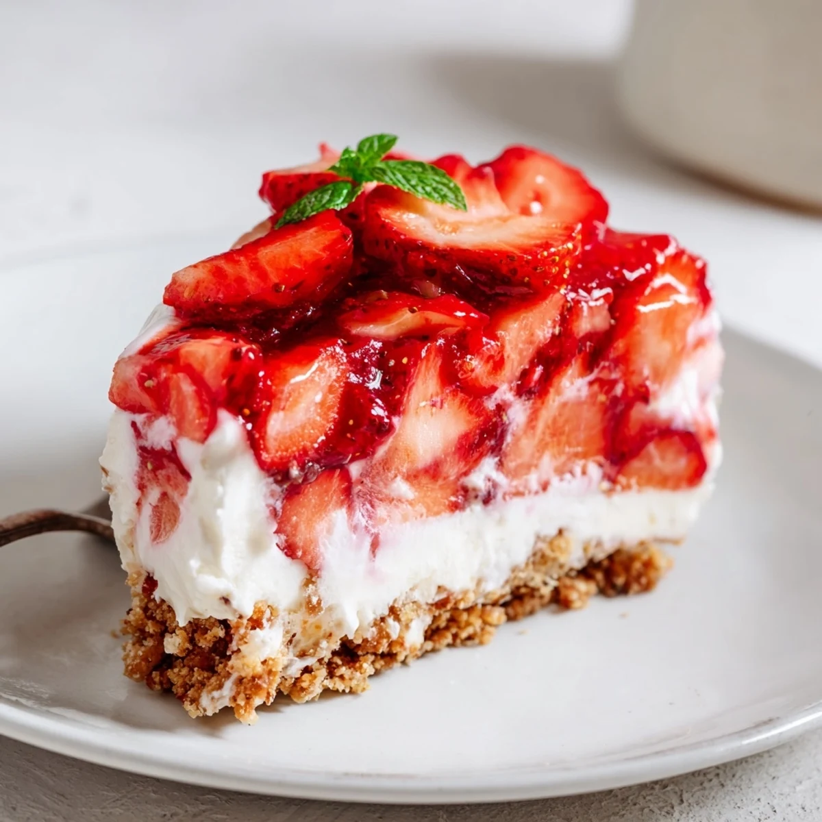 Chilled No Bake Strawberry Shortcake Dessert in dish, graham cracker base, fresh berries