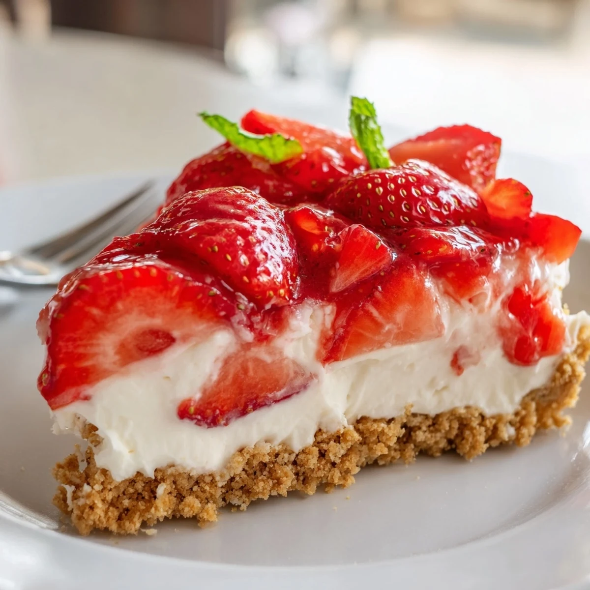 Easy No Bake Strawberry Shortcake Dessert topped with mint, ready to serve chilled