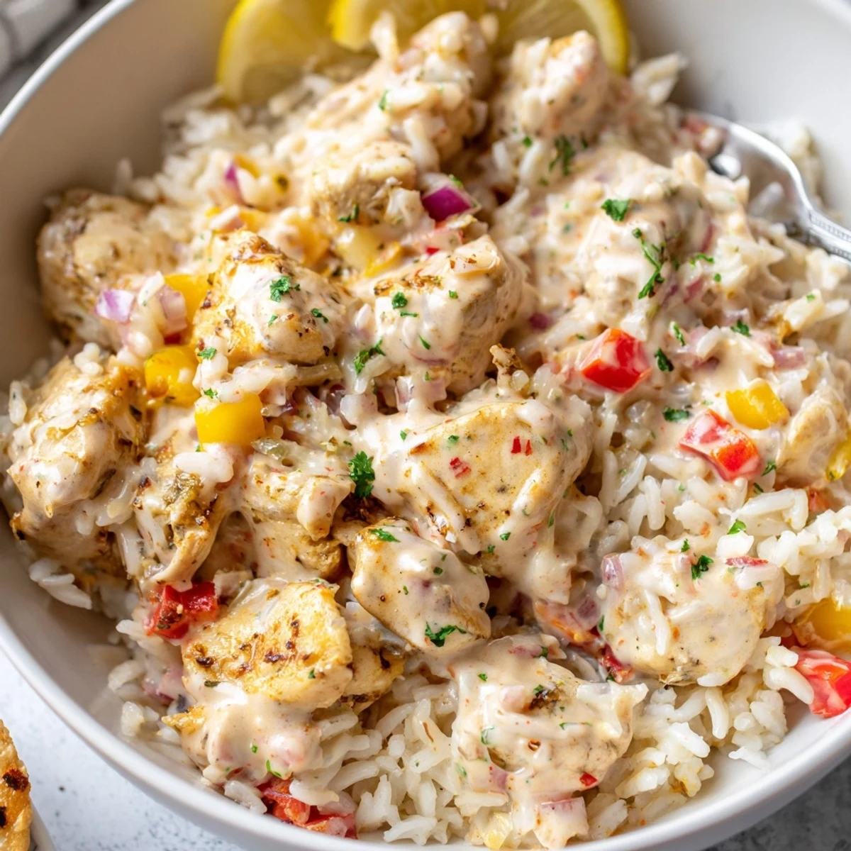 Creamy Cajun Chicken Rice Bowls steaming, tender chicken, vibrant peppers, creamy sauce