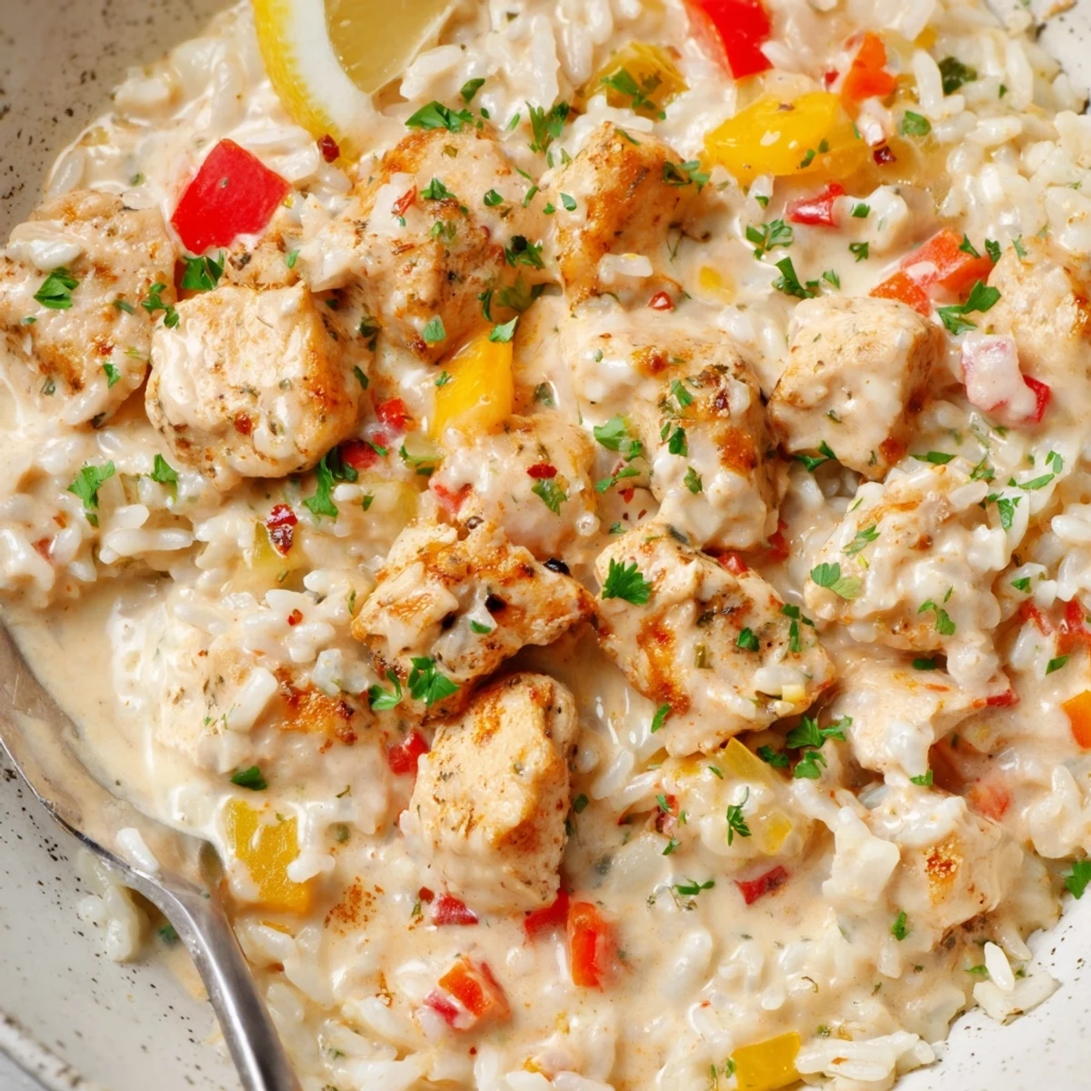 Warm Creamy Cajun Chicken Rice Bowls topped with parsley, zesty lemon wedge