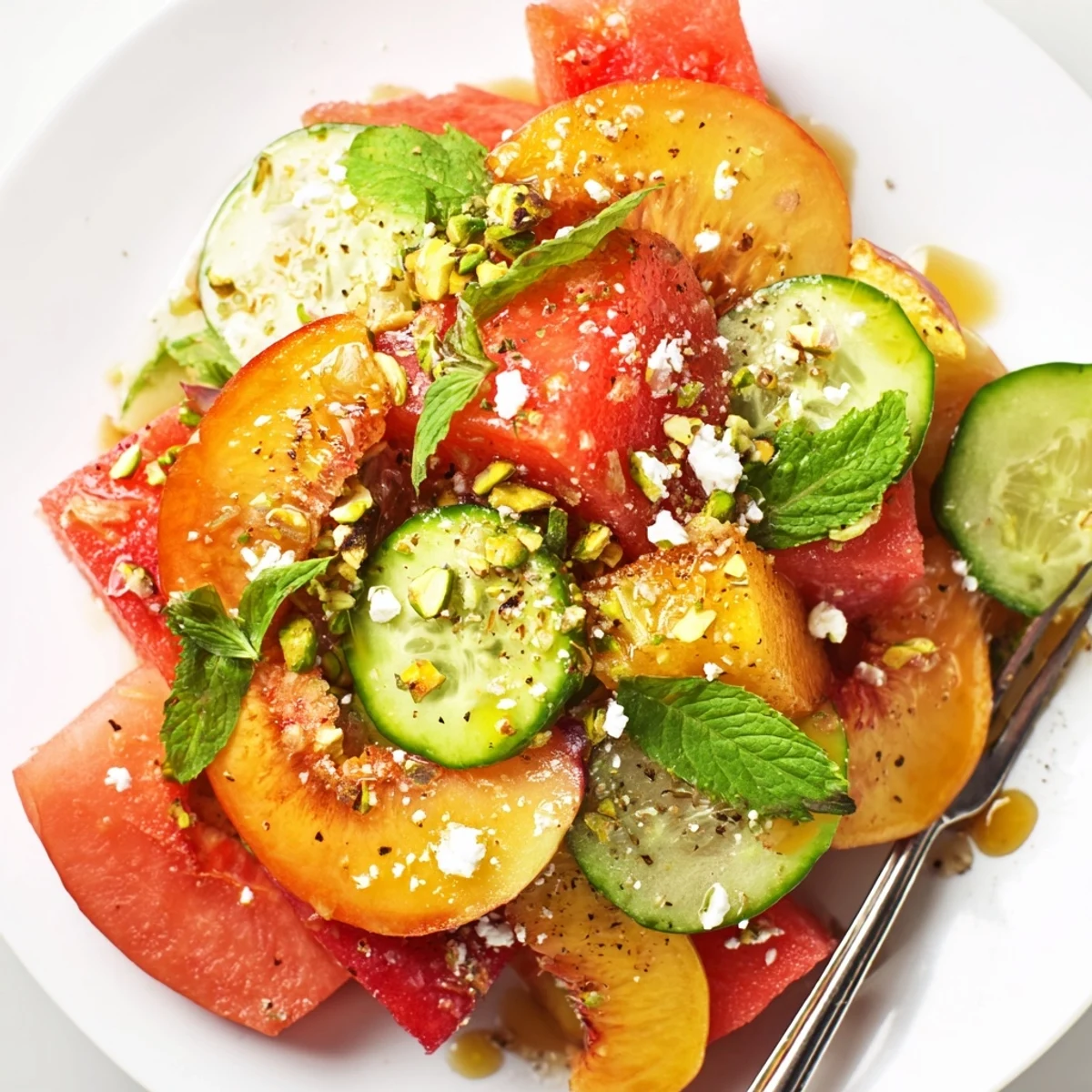 Summer Peach Watermelon Salad piled on platter with crumbled feta, mint