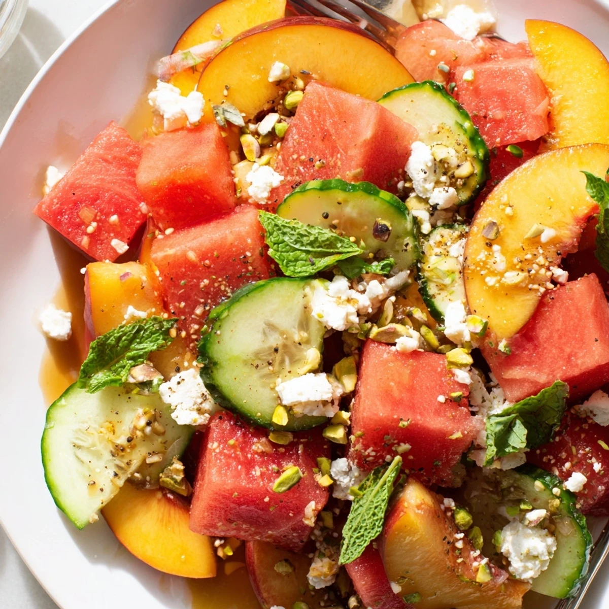 Bright Summer Peach Watermelon Salad with honey-lime drizzle, crunchy pistachios