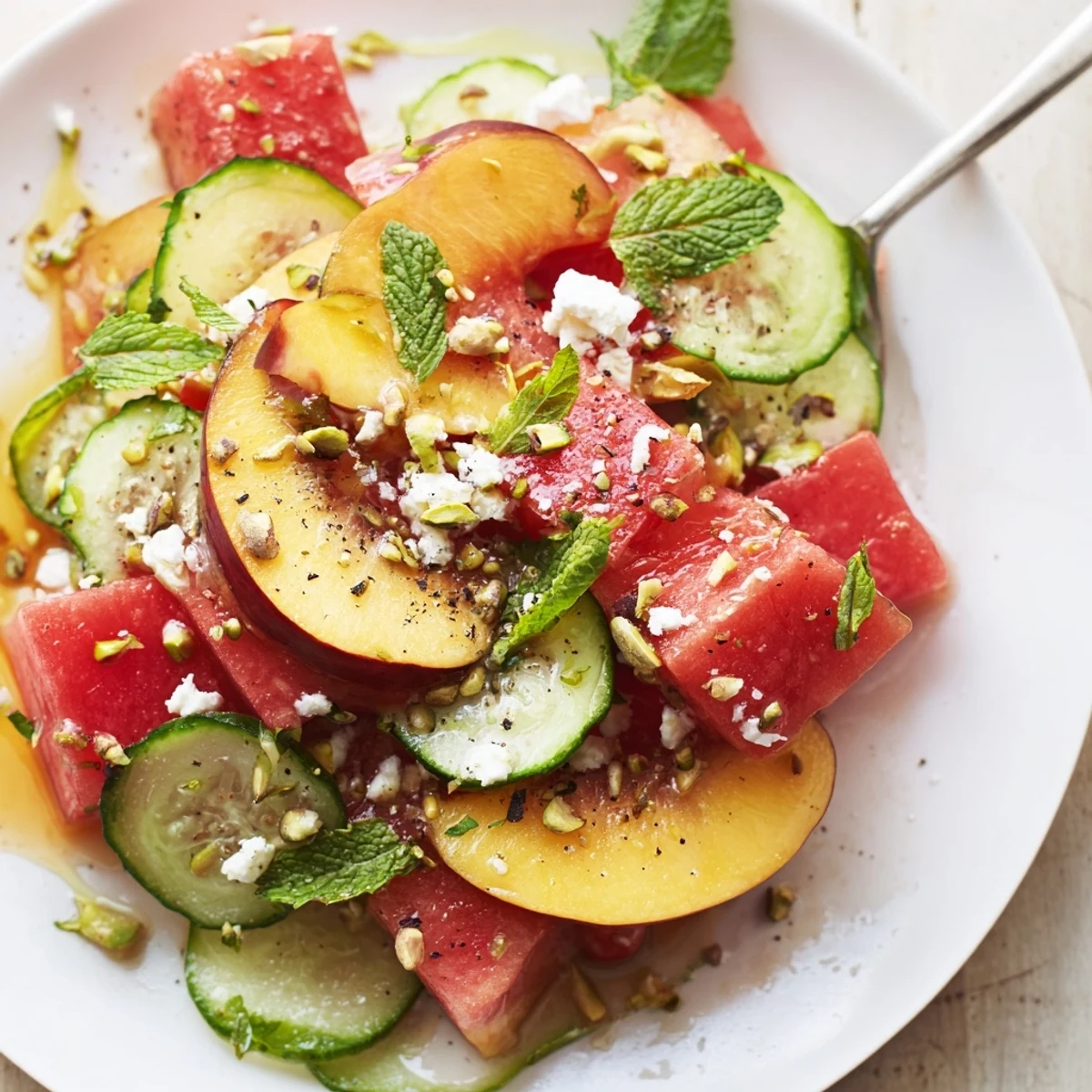 Chilled Summer Peach Watermelon Salad tossed with cucumber, basil, zesty lime