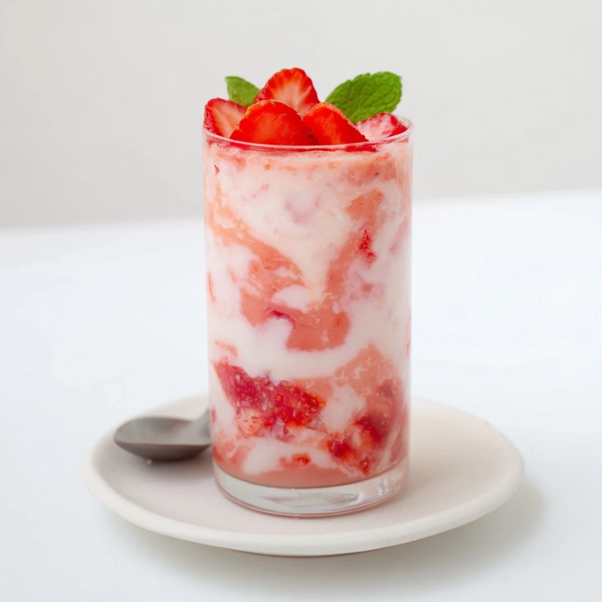 Strawberry Coconut Cooler Recipe in chilled glasses, frothy pink, garnished with mint