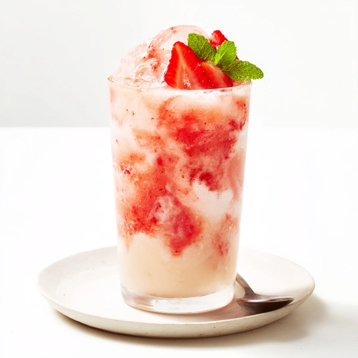 Party style Strawberry Coconut Cooler Recipe poured into tumblers, garnished with strawberry slices