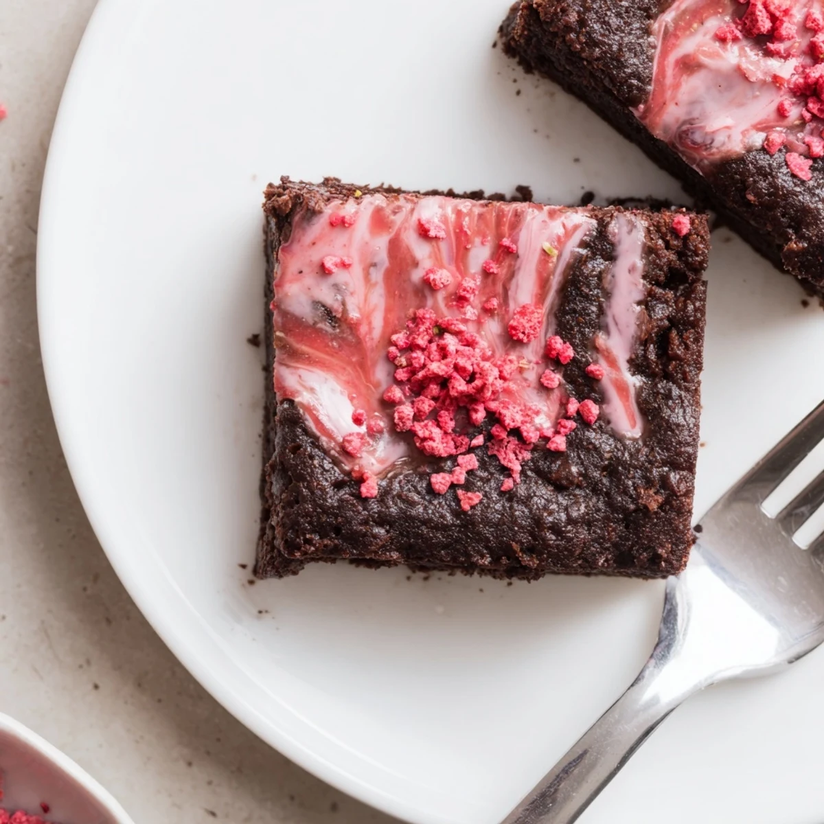 Serve warm Strawberry Brownies Recipe with whipped cream and sliced fresh strawberries