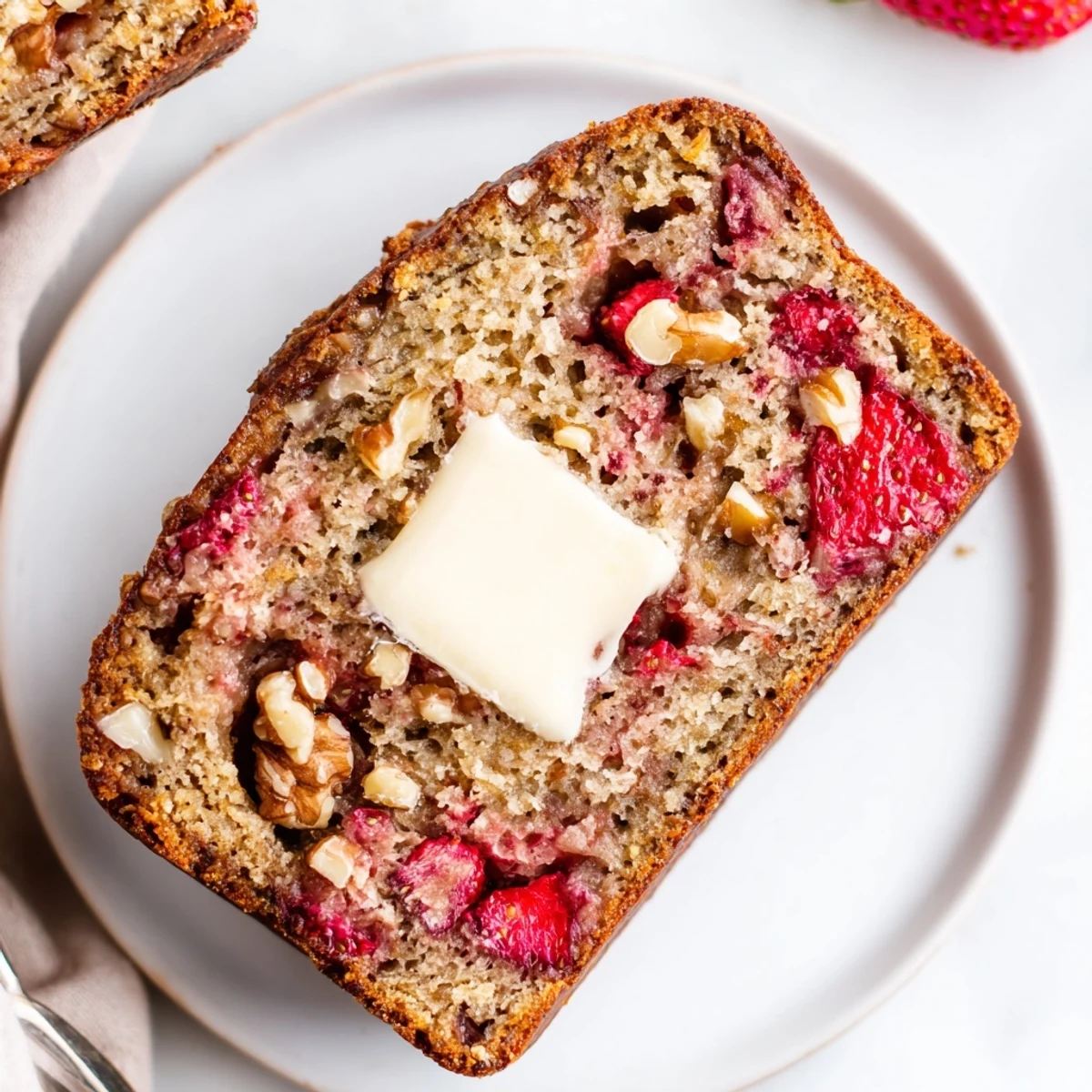 Loaf of Strawberry Banana Bread Recipe cooling on wire rack, moist and studded