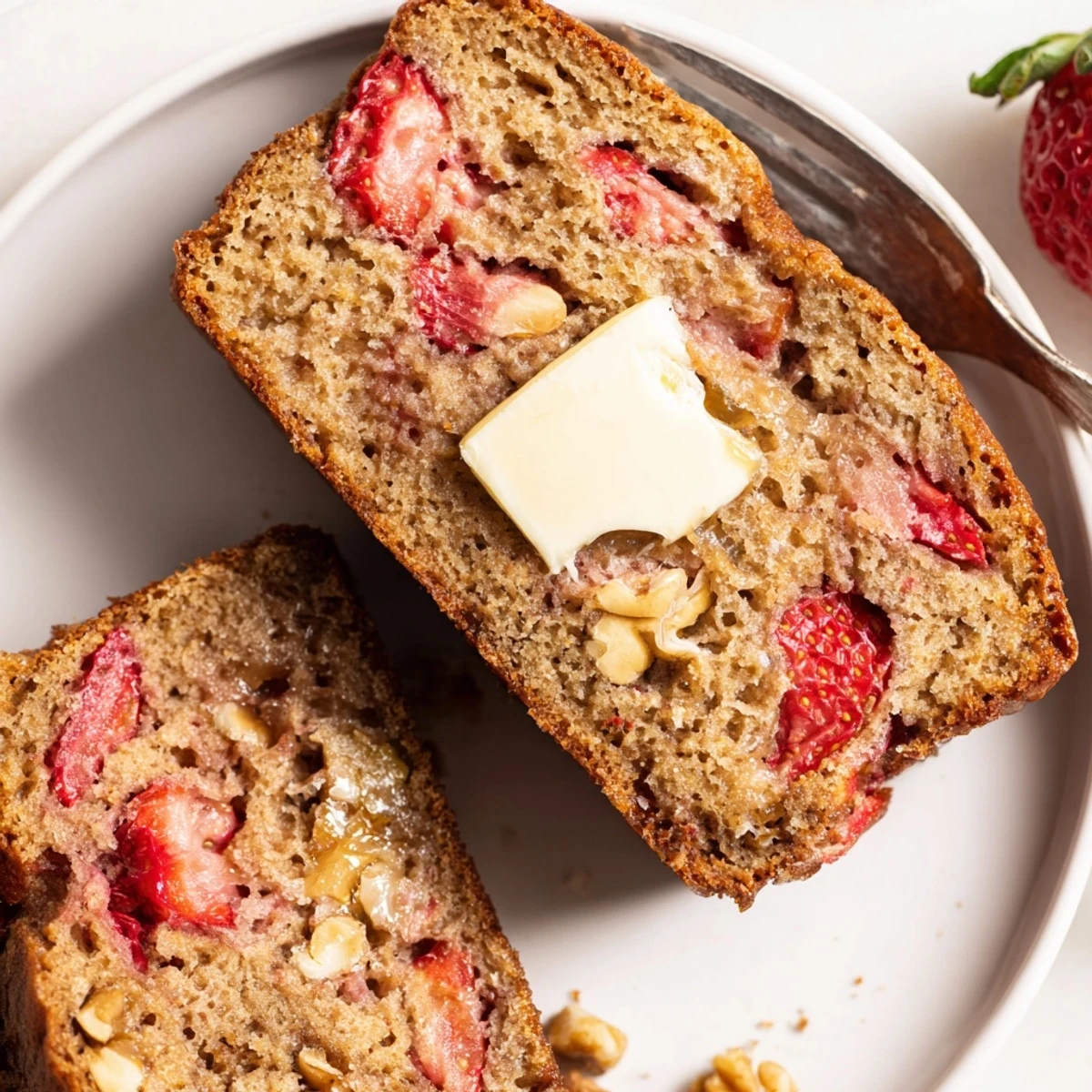 Fresh from the oven Strawberry Banana Bread Recipe steaming, fragrant, topped with melted butter