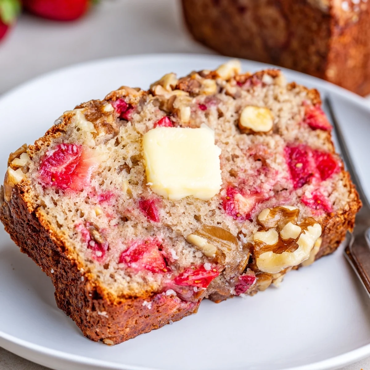 Golden crusted Strawberry Banana Bread Recipe sliced, showing soft pink swirls, banana specks