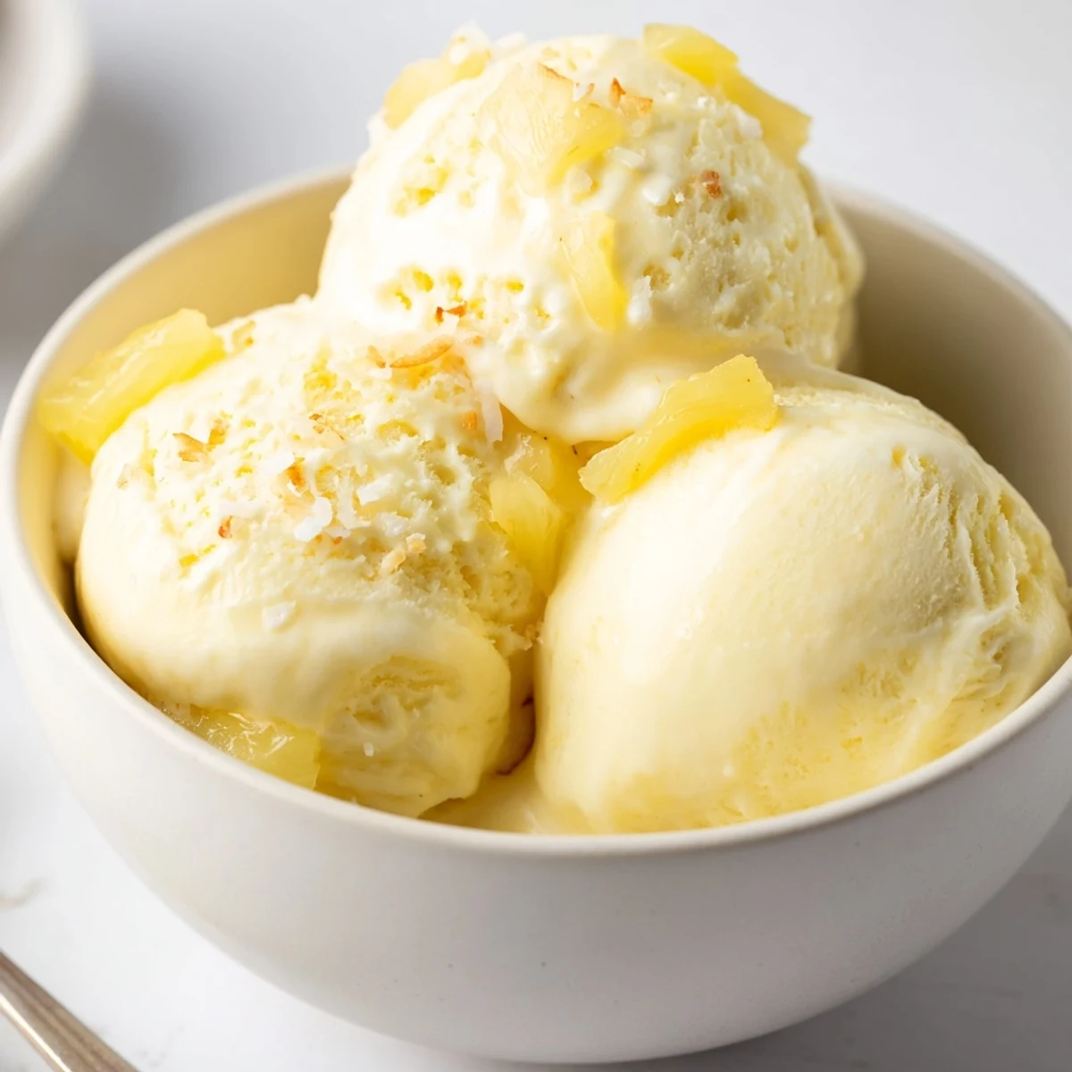 A bowl of Creamy Pineapple Ice Cream Recipe garnished with toasted coconut