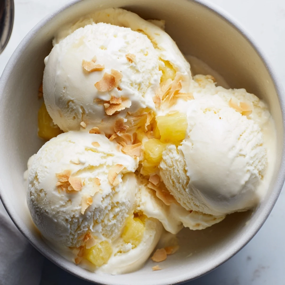 Churned smooth, Creamy Pineapple Ice Cream Recipe served with fresh pineapple slices