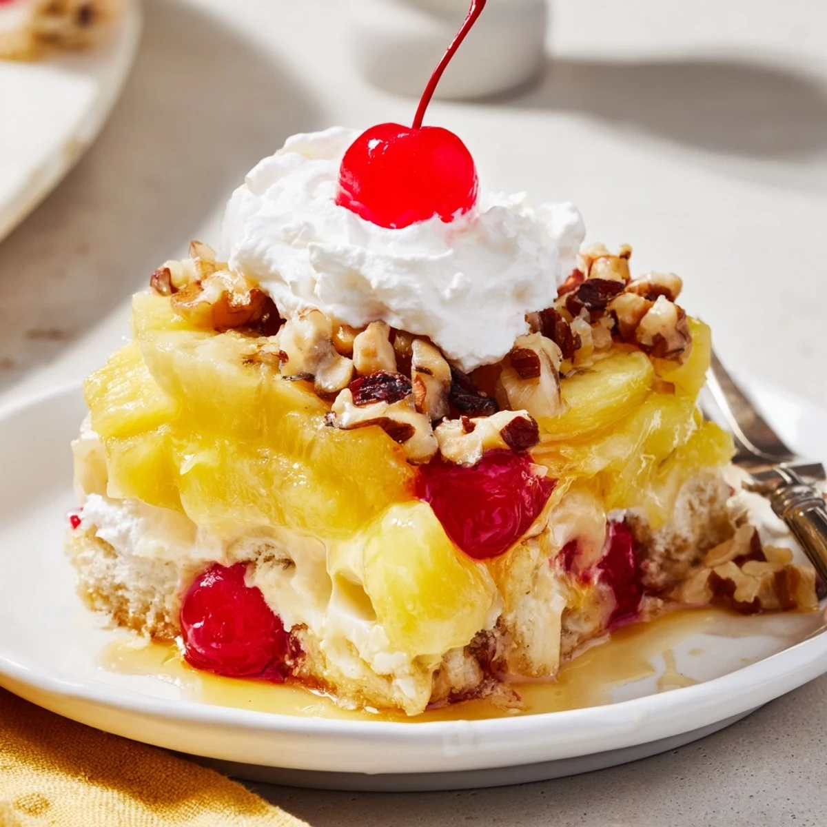 Bubbling Banana Split Dump Cake in baking dish, golden crust topped with cherries