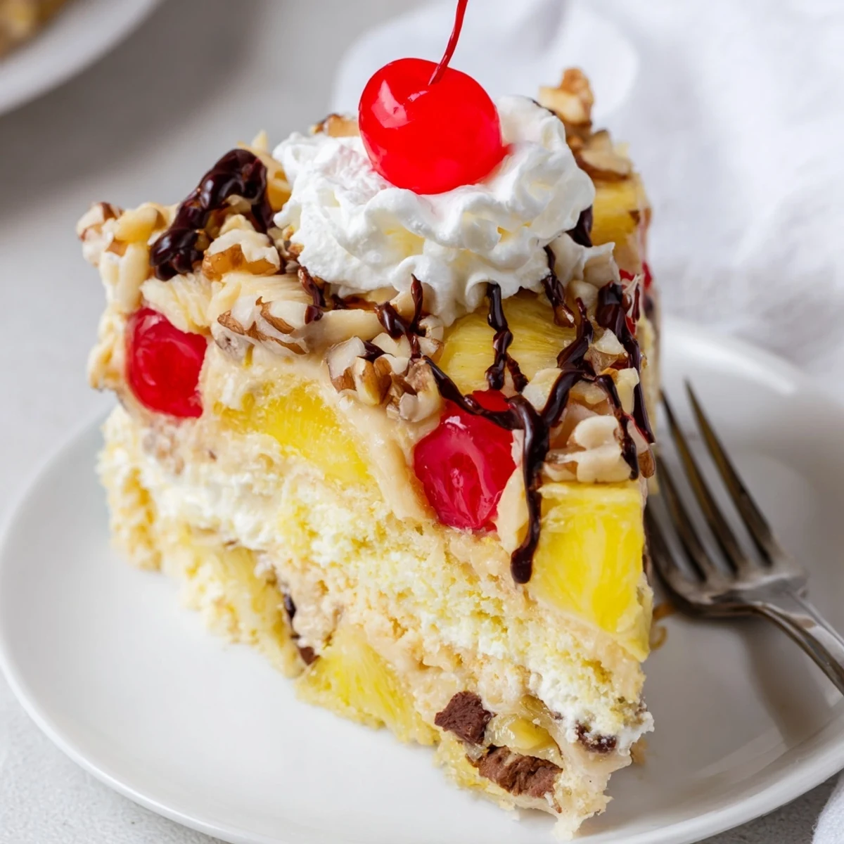 Chocolate chips and cherries stud a warm Banana Split Dump Cake, ready for scoops